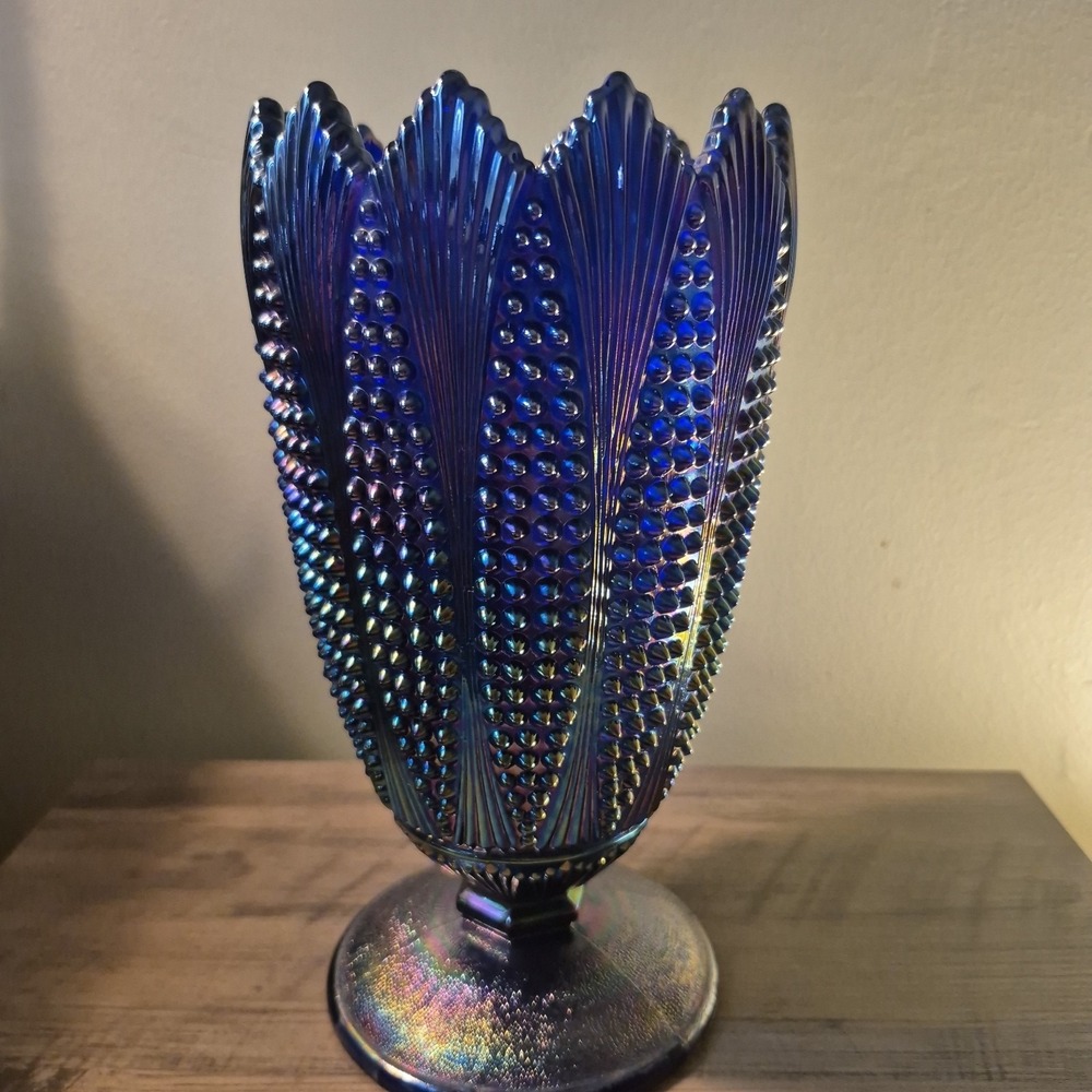 Vintage Imperial Royal Blue Iridescent Carnival Glass Vase Corncob 10"